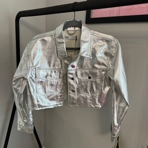 Zara Silver Cropped Denim Jacket Size Small NWT